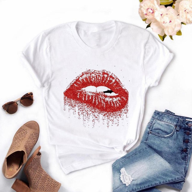 T-shirt femme manches courtes avec le dessin des lèvres