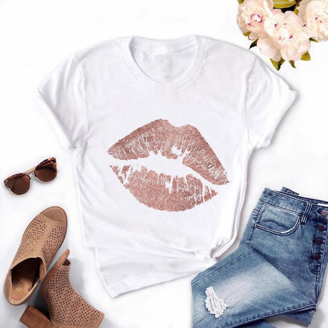 T-shirt femme manches courtes avec le dessin des lèvres