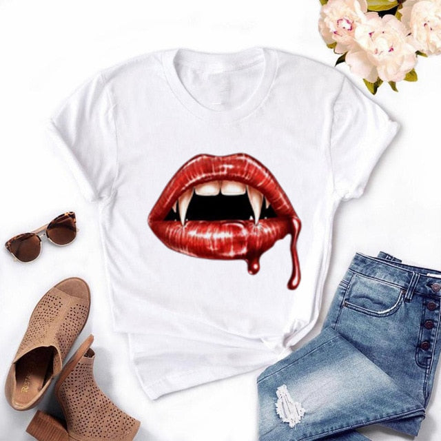 T-shirt femme manches courtes avec le dessin des lèvres