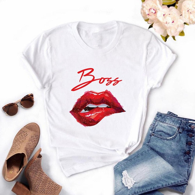 T-shirt femme manches courtes avec le dessin des lèvres