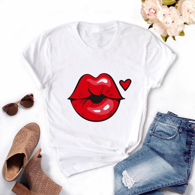 T-shirt femme manches courtes avec le dessin des lèvres