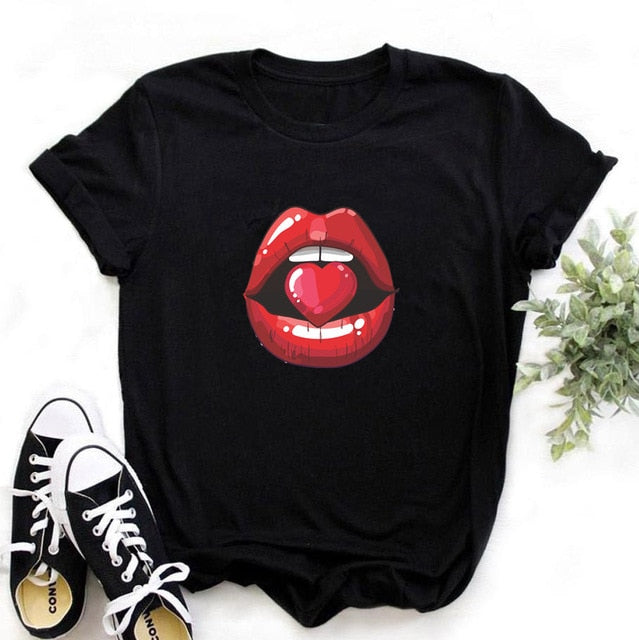 T-shirt femme manches courtes avec le dessin des lèvres